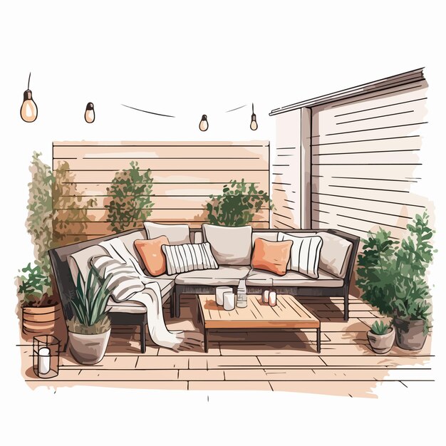 Rustic HandDrawn Backyard Patio or Terrace Furniture Sketch