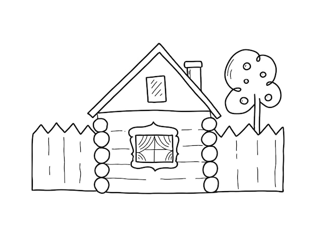 Rustic log house with fence and apple tree. Vector illustration in the style of simple doodles.