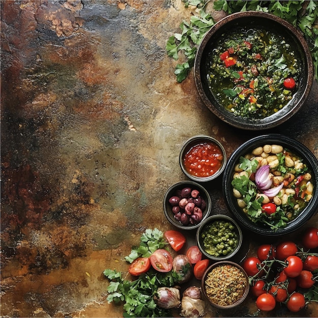 Vector rustic mediterranean cuisine with fresh ingredients including tomatoes olives chickpeas garlic on