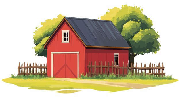 Vector rustic red barnhouse inside fence cozy countryside living illustration