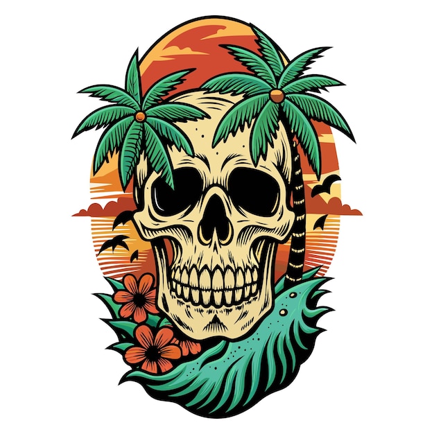 Rustic skull tropical beach illustration