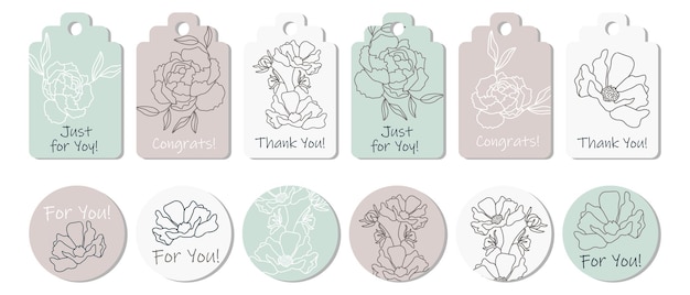 Rustic sticker set or greeting card template with outline flowers. Anniversary, birthday, wedding