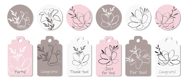 Rustic sticker set or greeting card template with outline flowers. Anniversary, birthday, wedding