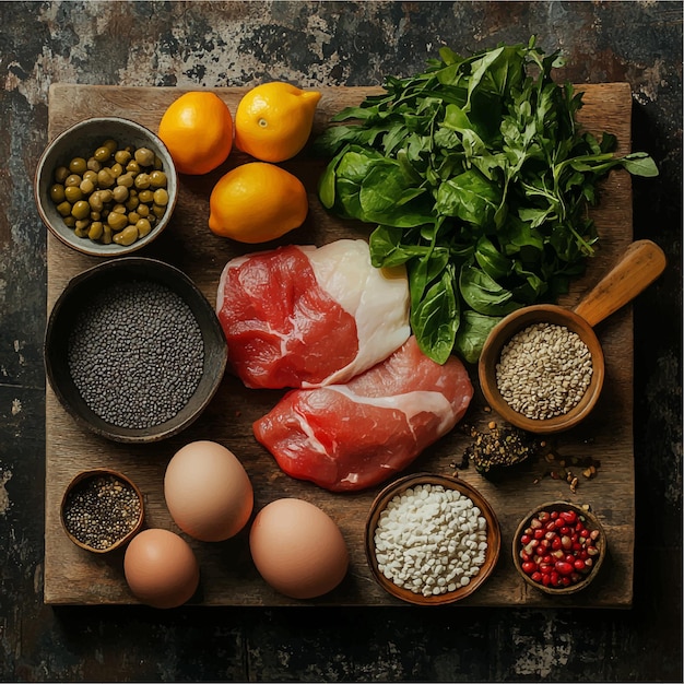 Vector a rustic still life of raw food ingredients featuring meats vegetables eggs spices and grains on