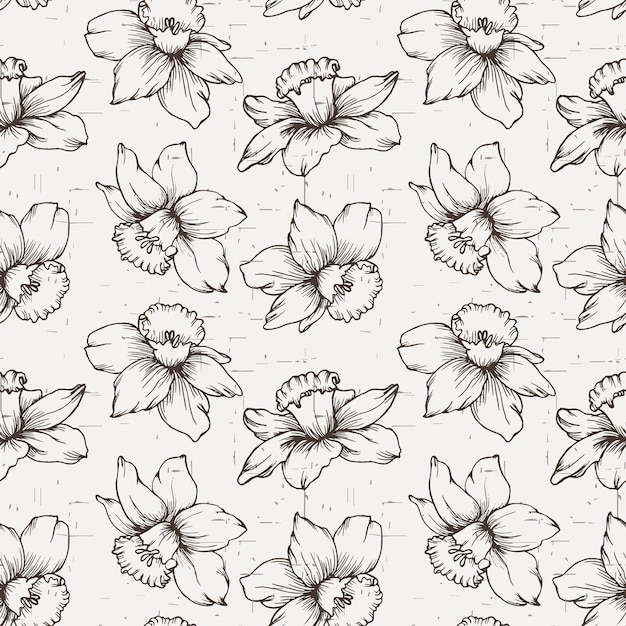 Rustic style seamless pattern, line drawing of daffodils on vintage shabby background. Textile