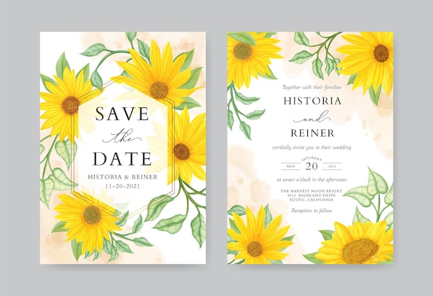 Vector rustic sunflower wedding invitation card template