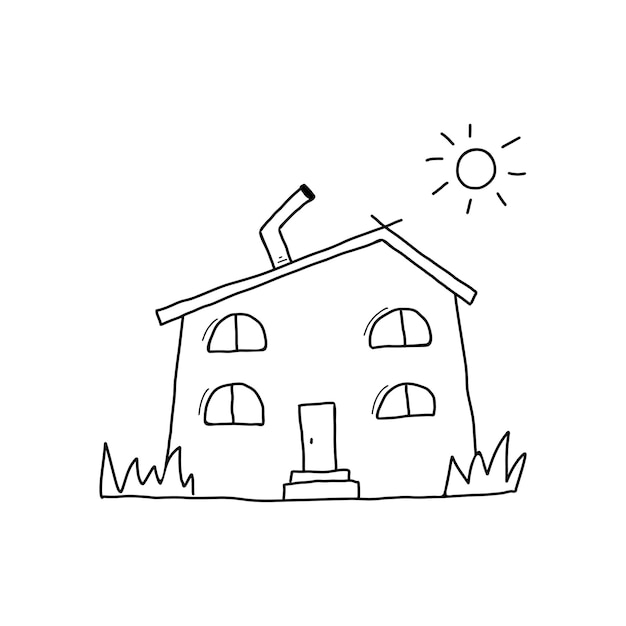 Rustic two-story house with a chimney. Vector illustration in doodle style