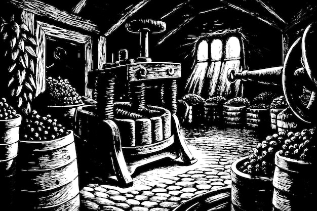 Vector rustic wine cellar with vintage press in black and white woodcut illustration