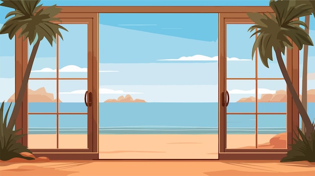 Vector rustic wooden entrance door and window with summer vibes