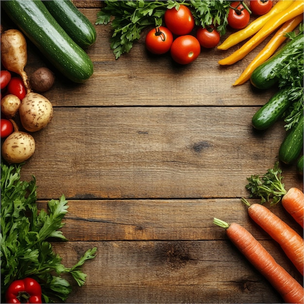 A Rustic Wooden Table Displaying a Vibrant Assortment of Fresh Organic Vegetables Including Tomat