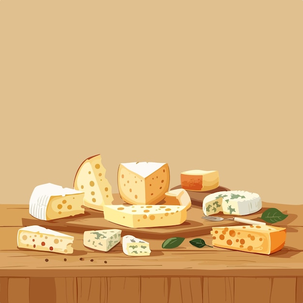 Vector a rustic wooden table with various types of cheese