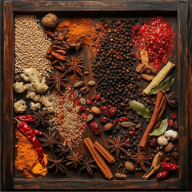 A Rustic Wooden Tray Displaying a Vibrant Assortment of Whole Spices and Herbs Showcasing the Ric