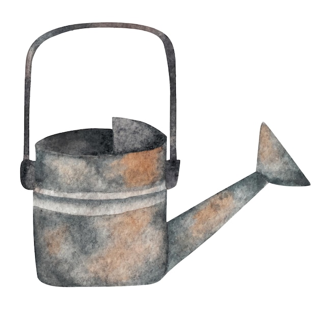 Rusty watering can for the garden Watercolor element