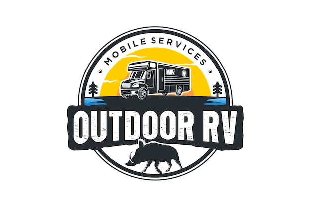 RV car logo design recreational vehicle holiday emblem badge illustration wild boar animal