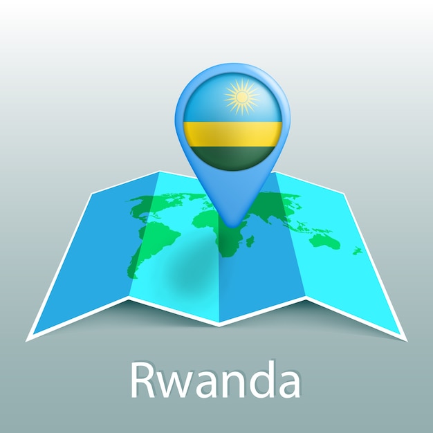 Rwanda flag world map in pin with name of country on gray background