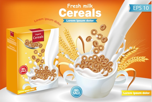 Rye cereals in milk splash realistic mockup