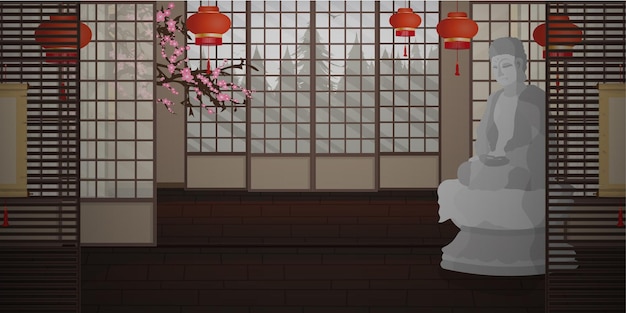 Ryokan An empty Zen room in a very Japanese style with a Buddha statue Cartoon style Vector illustration