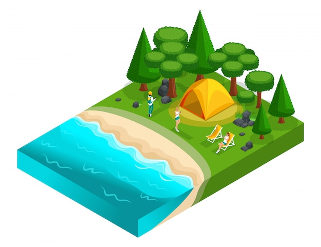 s of camping, recreation of young people of generation Z on the nature, forest, sea, beach, shore of the lake, bank of the river. Healthy lifestyle