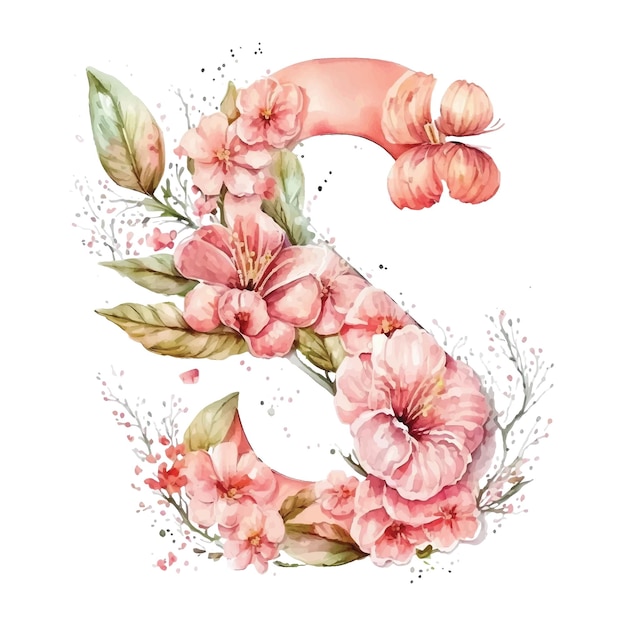 S letter with pink sakura flower watercolor paint