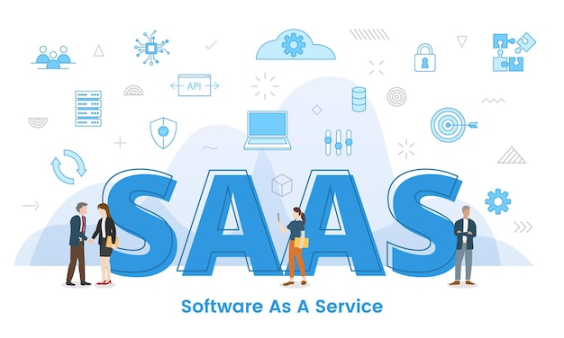 Saas software as a service concept with big words and people surrounded by related icon