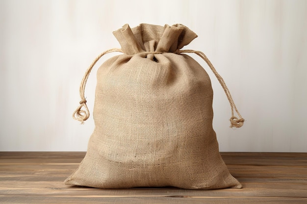 Sack bag with raw semolina on table