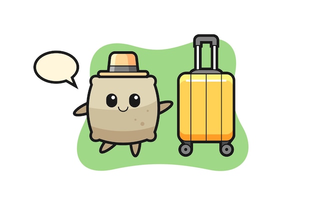 Sack cartoon illustration with luggage on vacation , cute style design for t shirt, sticker, logo element