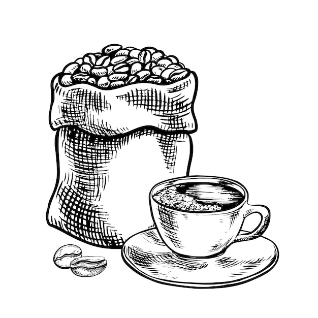 A sack filled with coffee beans and a cup of coffee black and white vector graphic illustration