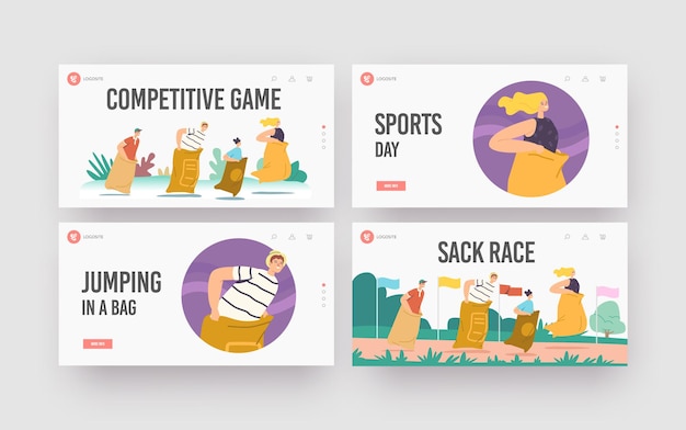 Sack Race Landing Page Template Set. Family Characters Mother, Father and Children Jumping in Bags. Summer Outdoor Competition, Hopping Game in Parkland Stadium. Cartoon People Vector Illustration