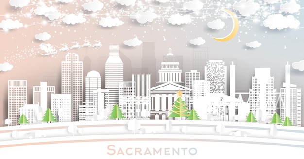 Sacramento California USA City Skyline in Paper Cut Style with Snowflakes Moon and Neon Garland