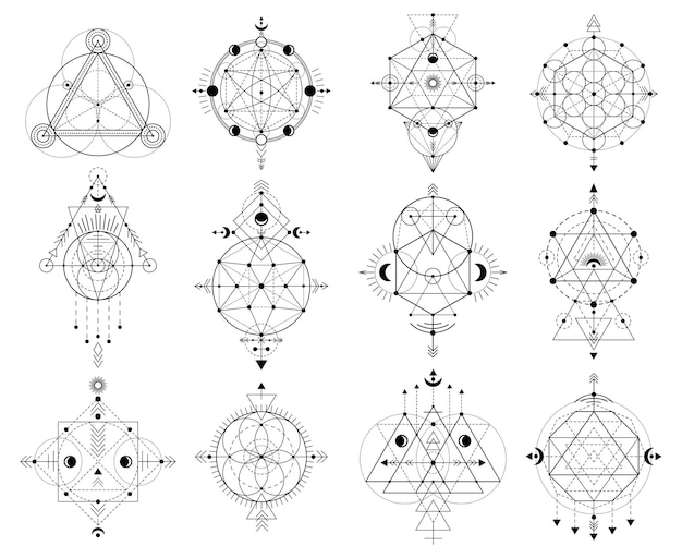 Vector sacred geometry figures, abstract mystic linear shapes. mystical linear occult signs vector illustration set. geometric sacred alchemy symbols