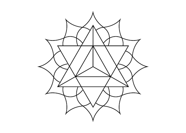 Sacred geometry, mystical symbol of the Merkabah, lotus flower in black tattoo line art, magic logo