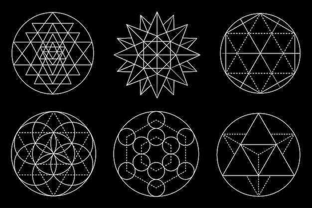 Sacred geometry vector design elements isolated on black background vector set