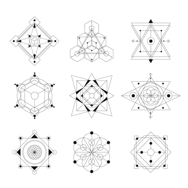 Vector sacred geometry vector illustration black and white set good for logo design of yoga mat and clothes boho style