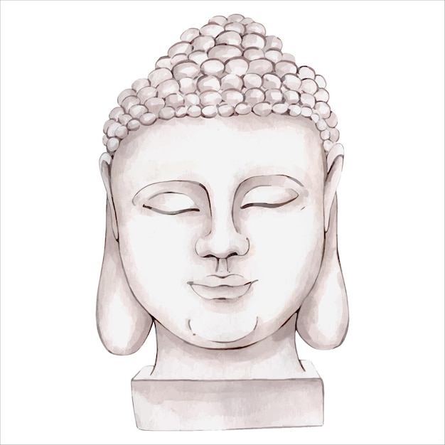 Sacred Hand Drawn Watercolor Buddha Gypsum Head Buddhism Meditation Esoteric isolated on white