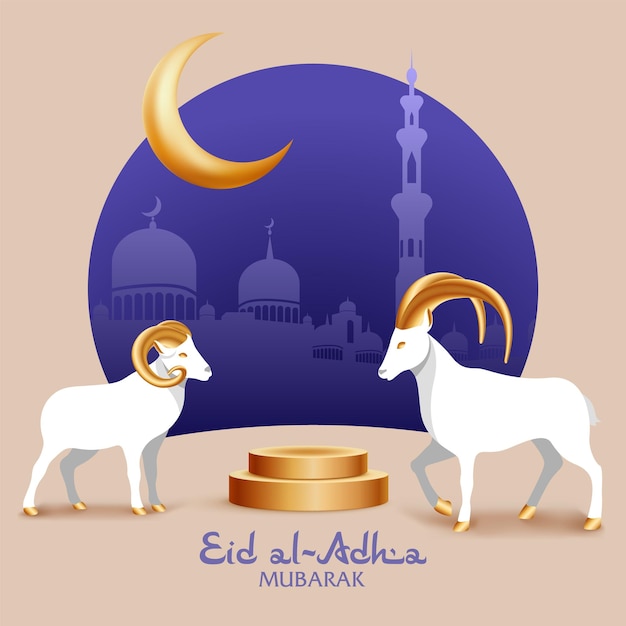 Sacrificial ram and gold crescent for muslim holiday Eid al Adha Mubarak Podium on mosque silhouette