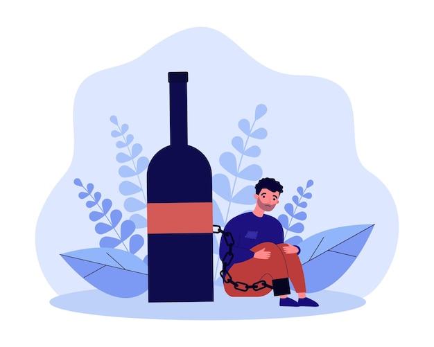 Sad alcoholic chained to bottle of wine. Man addicted to drinking sitting on floor with chain around leg flat vector illustration. Alcohol, addiction concept for banner, website design or landing page