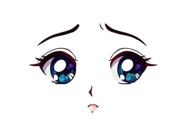 Sad anime face Manga style big blue eyes little nose and kawaii mouth Hand drawn vector cartoon illustration