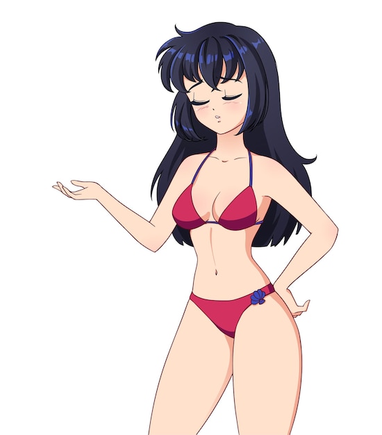 Sad anime manga girl with black hair wearing pink swimsuit isolated on white background Empty space for banner text