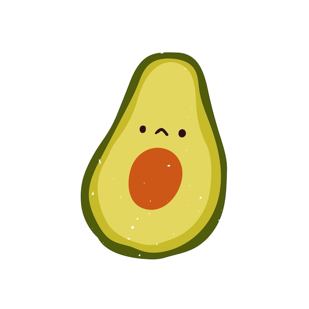 Sad avocado. Disappointed frustrated face expression, cute funny comic vegetable character. Upset unhappy emotion, reaction sticker. Childish flat vector illustration isolated on white background.