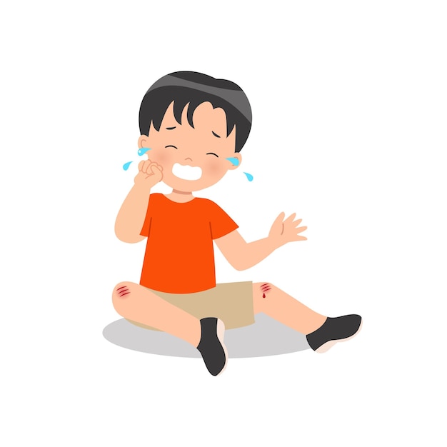 Sad boy crying over his bleeding knee Accident Parenting clip art Flat  isolated on white