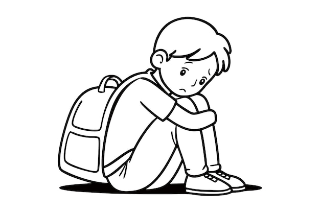 Vector sad boy sitting with backpack in black and white illustration