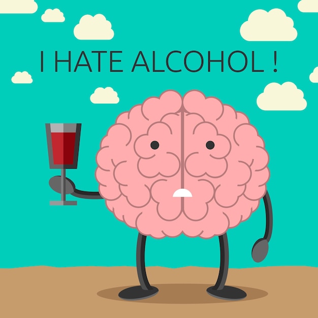 Sad brain character not willing to drink wine. Healthy lifestyle concept. EPS 10 vector illustration, no transparency