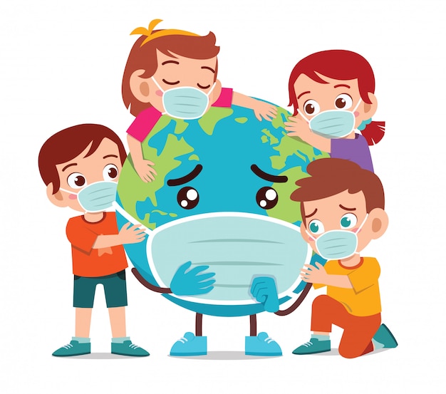 Sad cartoon earth using masker with kid boy and girl