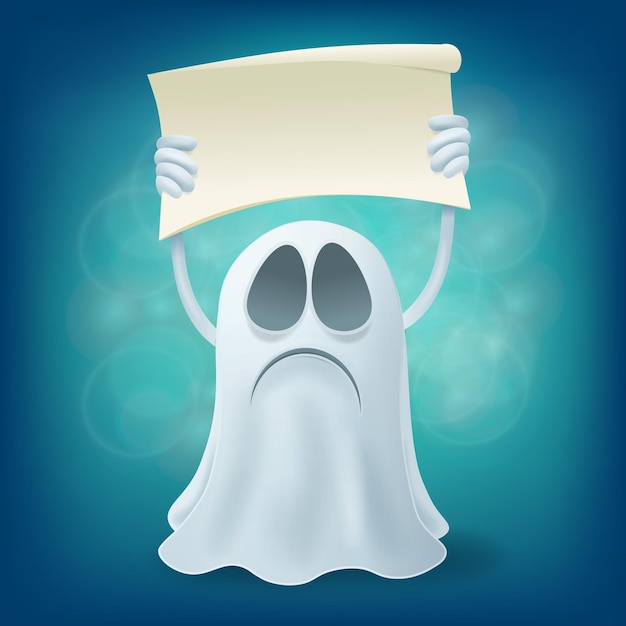 Vector sad cartoon ghost with banner halloween party design element