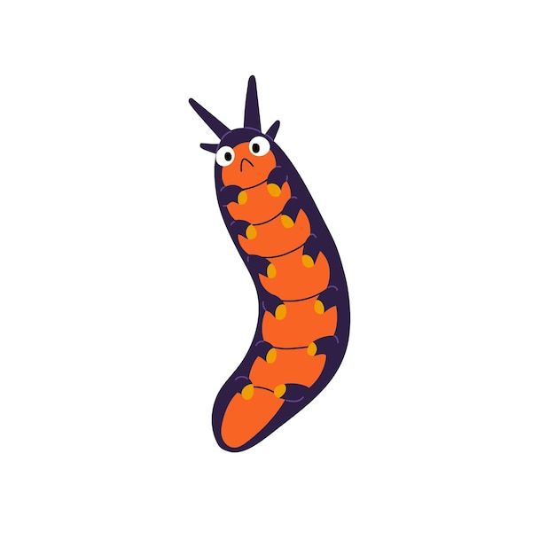 Sad centipede character with colourful red belly Adorable caterpillar with shocked facial expression Cute upset butterfly larva Little confused worm Flat isolated vector illustration on white