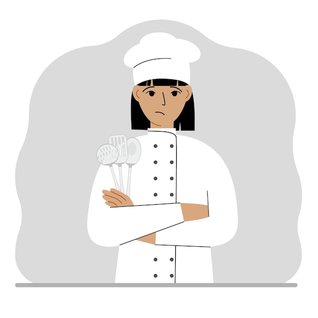 A sad cook holds a kitchen set of cutlery in his hand Profession Vector flat illustration