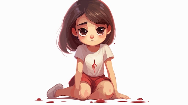 Vector sad cry cute kid girl with hurt knee bleeding cartoon vector illustration