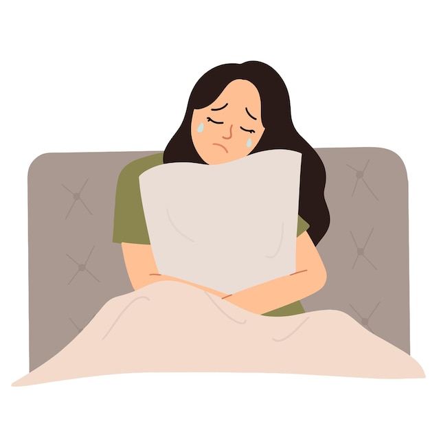 sad crying woman hugging pillow illustration