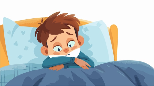 Sad Cute Kid Boy Laying in Bed Sick Vector Illustration