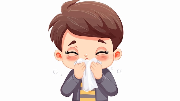 Sad Cute Little Kid Boy Sneeze because of Flu Cartoon